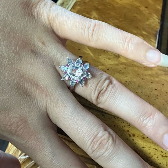 Rainbow Moonstone Pink Sapphire Sterling Silver Cocktail Ring - Picture 3 of 8